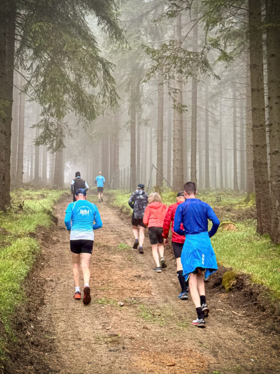 Ein paar Laufgroupies der Klassenfahrtgruppe laufen ganz früh am morgen durch den vernebelten Wald.